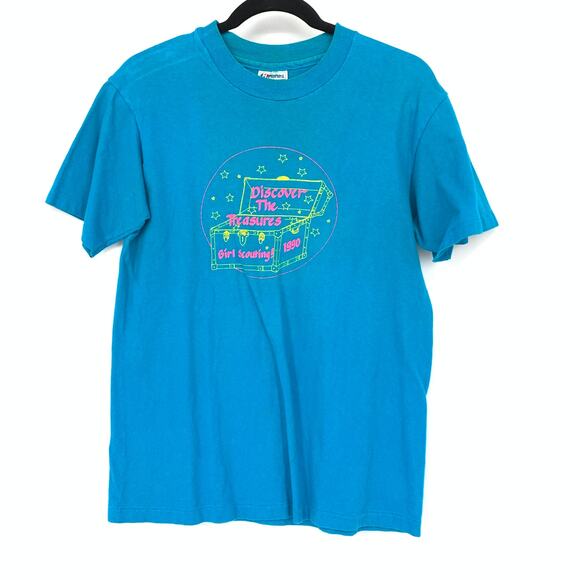 Vintage 90s Girl Scout Short Sleeve Graphic T-Shirt Unisex Size M Blue Crew Neck - Picture 1 of 7